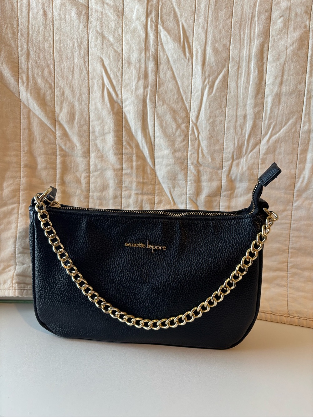 Nanette Lepore Black Leather Mini Shoulder Bag with Gold Chain